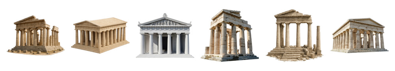Fototapeta premium Classical temple set including various Greek and Roman ruins, intact and fragmented designs isolated. Historical architecture collection.