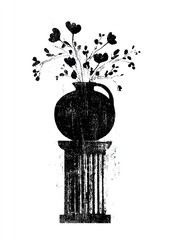 Monochrome illustration of a round vase with flowers atop a classical pedestal.  The style is stark, utilizing a textured, almost print-like aesthetic