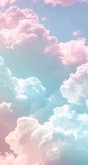 Pastel-hued cloudscape, predominantly pink and blue, fills the frame with soft, fluffy formations.  A dreamy, ethereal mood is conveyed through the color grading and cloud textures