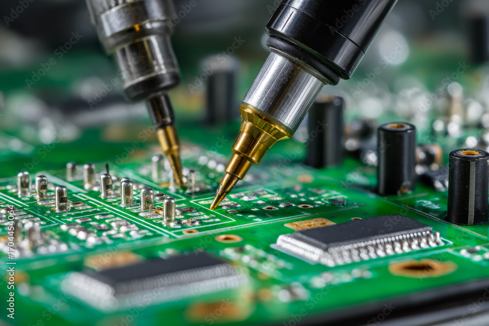 Poster Close-up of soldering process on a green printed circuit board with precision electronic tools