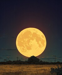 A large, yellow full moon dominates a nighttime landscape, its light illuminating a silhouetted field and distant structures