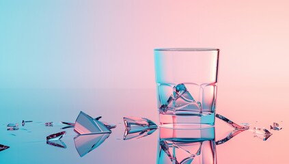 A shattered glass sits on a reflective surface, with several fragments scattered nearby, against a pastel pink and blue background.  The remaining glass appears intact