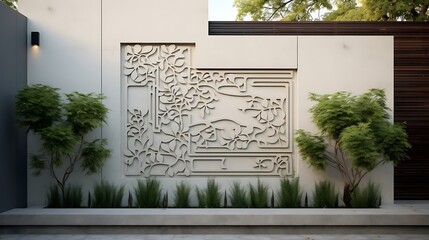 Contemporary garden landscape featuring a decorative wall panel with floral motifs and lush greenery