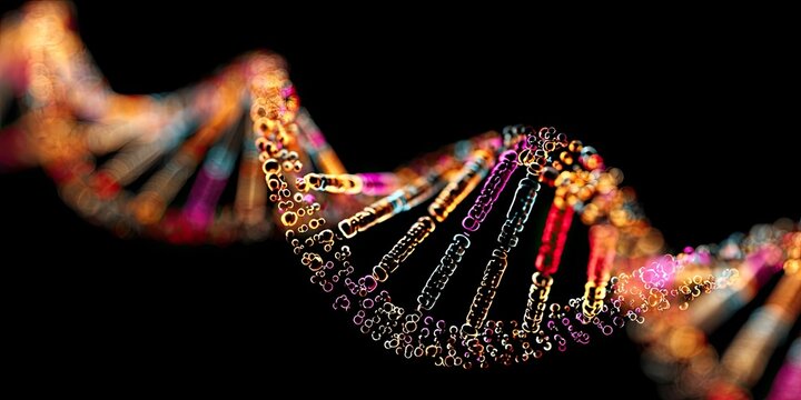 A vibrant, 3D rendering of a DNA double helix, illuminated against a pitch-black background, showcasing intricate details and colorful strands - Powered by Adobe