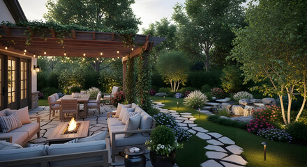 Obraz premium Cozy backyard patio with pergola garden lights and outdoor seating 