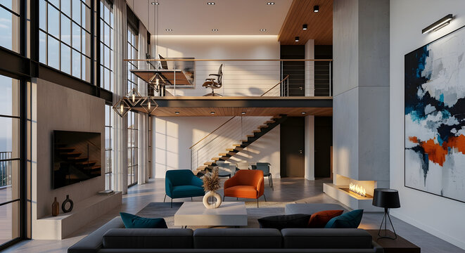 Modern industrial loft with mezzanine office and colorful seating  
