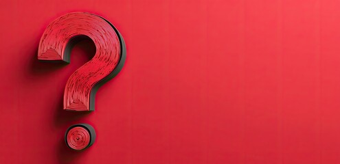 A large red question mark sits on a red background, leaving ample space to the right.  The question mark is three-dimensional and textured