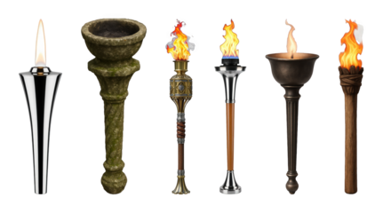 Torch and censer set including modern, stone, ornate, fluted, and rustic designs isolated. Historical, fantasy, and decorative light collection.