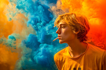 Young man with cigarette surrounded by vibrant colored smoke