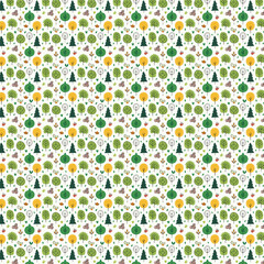 Modern geometric background. Abstract nature: forest, trees, leaves, flowers, birds, butterflies, fruits and berries. Set of icons in flat minimalist style. Seamless pattern. Vector illustration. 