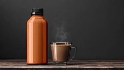 A tall, orange bottle and a glass mug of steaming brown liquid rest on a dark wooden surface against a blurred dark gray backdrop