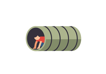 A child playing inside a cylindrical tunnel, depicted in a minimalist, flat illustration style