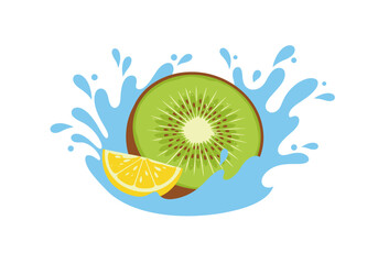 Obraz premium Dynamic tropical fruit splash effect a vibrant kiwi slice and zesty lemon wedge bursting through cool water, symbolizing invigorating freshness and healthy vitality