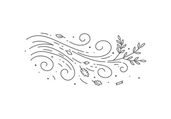 Naklejka premium Line art illustration depicting a dynamic wind effect, featuring elegant swirls, delicate leaves, and a botanical branch graphic