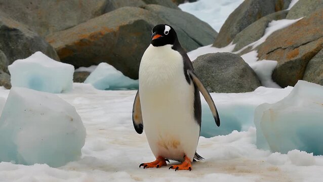 charming portrait of Gentoo penguin standing upright and looking forward, showcasing the seabird from Antarctica known as Pygoscelis Papua with its distinctive white markings