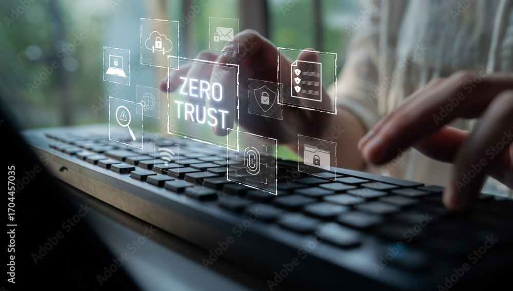 Poster zero trust model enhances data protection. zero trust blocks unauthorized access, secures devices, z