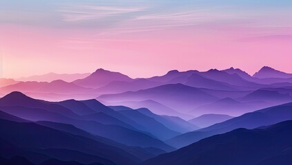 Obraz premium Serene landscape showcasing a vast mountain range bathed in the soft hues of a pastel sunset, with layers of peaks receding into a hazy, purple-blue distance