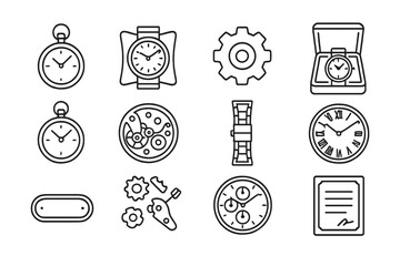 Watch Collectibles Icons. Line style icons of watch collectibles: open-face watch, wristwatch on cushion, gear detail, display box