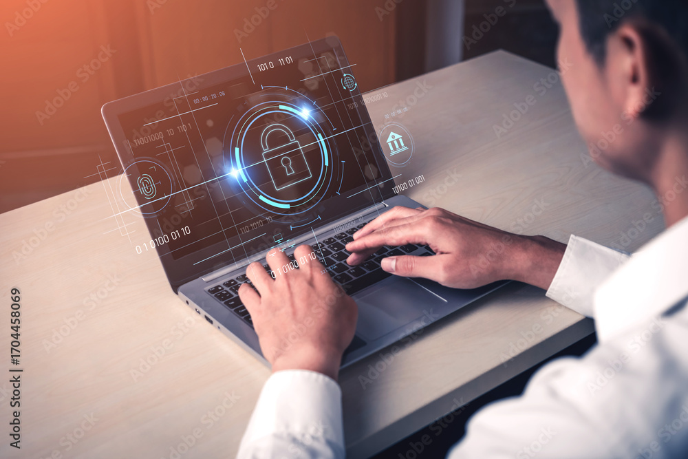 Poster cybersecurity system interface with biometric lock and data protection. cybersecurity protects acces