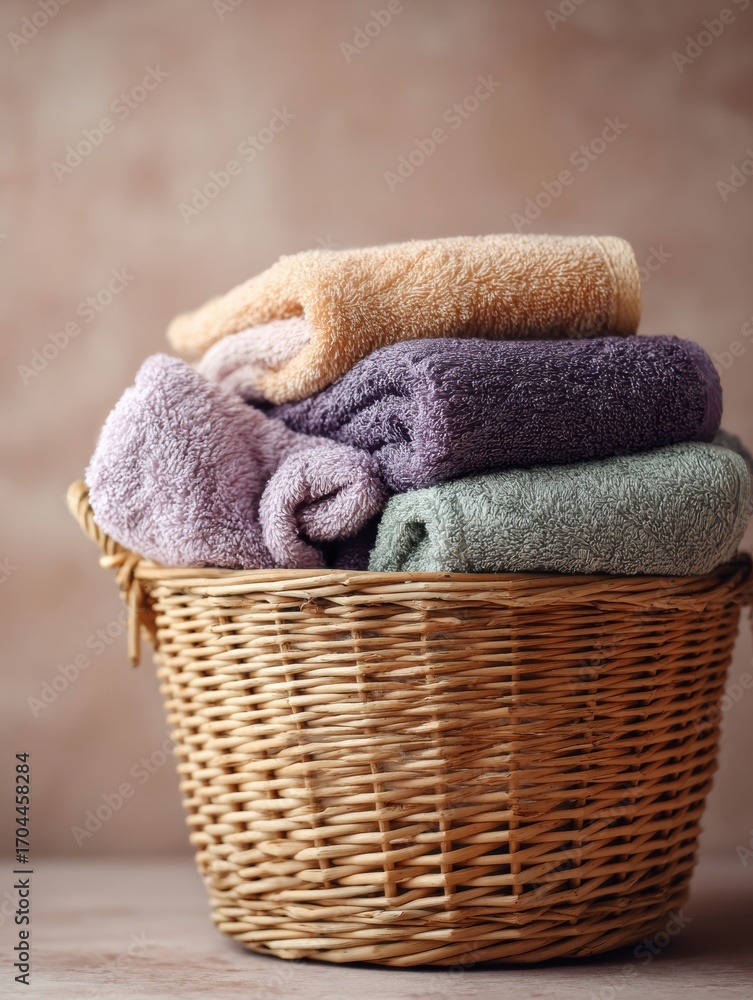 Aufkleber soft colorful towels stacked neatly in a wicker basket on a simple wooden surface