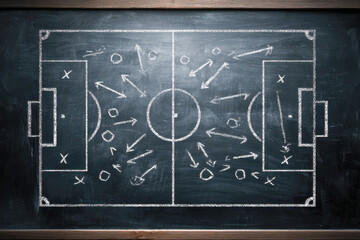 Strategic soccer game plan drawn on a chalkboard, illustrating player positions, movements, and tactical positioning for a match.