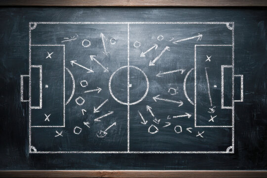 Strategic soccer game plan drawn on a chalkboard, illustrating player positions, movements, and tactical positioning for a match.