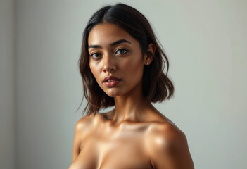 Obraz premium A glamorous brunette model with perfect skin and smoky eyes smiles in a studio while showcasing her healthy hair and flawless makeup