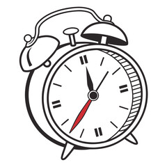 Illustration of a classic alarm clock with bells showing almost twelve o'clock in black and white
