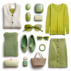 Flatlay Fashion Accessories Green & Beige Womens Clothing, Jewelry, and Bags