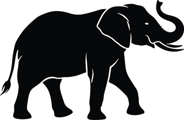 Minimal vector silhouette, elephant walking with trunk swinging back, tail swishing, side profile, solid black