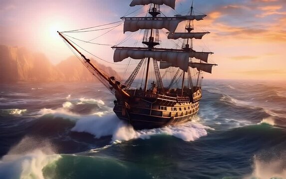 Rough waves strike the sailing ship as an orange sunset sky glows behind distant mountains on the horizon.