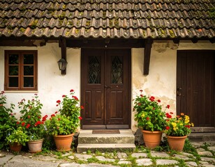 Fototapeta premium Rustic cottage facade with terracotta roof, wooden doors, and flower pots