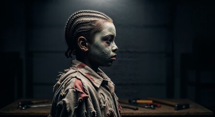 Boy in zombie costume with braided hair standing in a dark room 