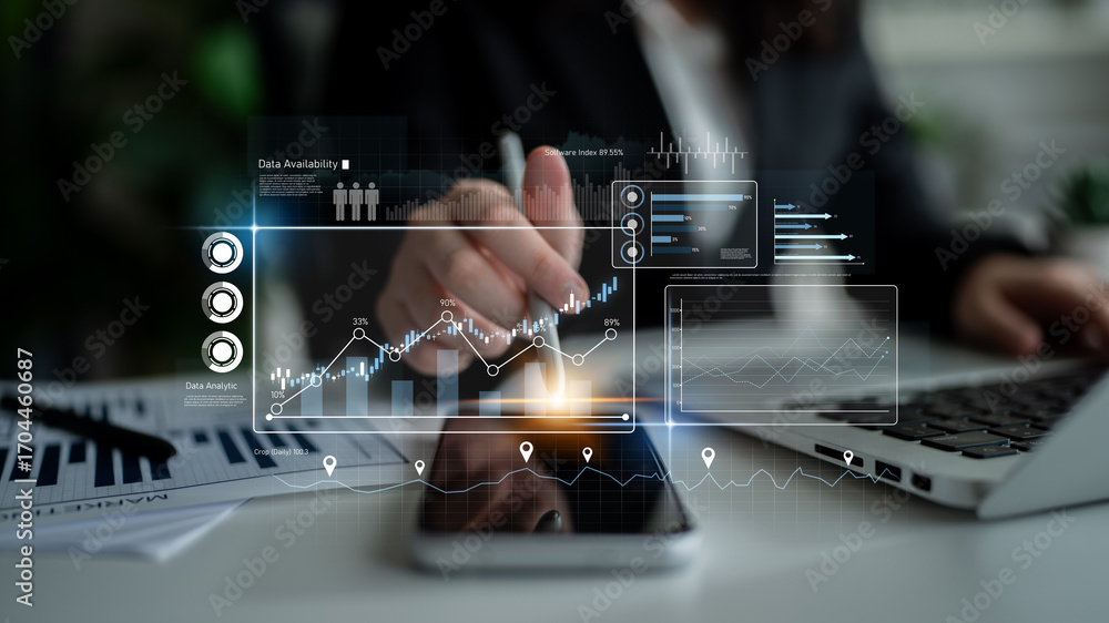 Poster high-tech data visualization dashboard for analytics and performance tracking, including data visual