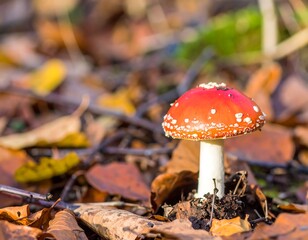 Close-up of a vibrant red mushroom in autumn leaves