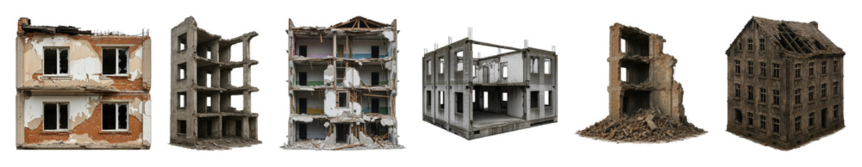 Obraz premium Destroyed building set including damaged facades, concrete frames, gutted interiors, and rubble piles isolated. Architectural elements for war and urban decay scenes.