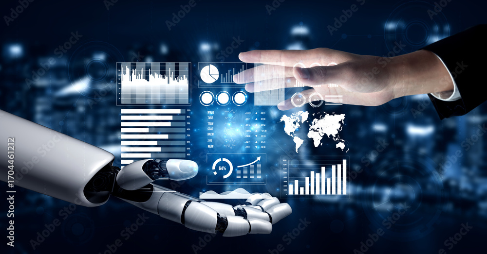 Poster a dynamic representation of collaboration between human intelligence and robotic technology, featuri