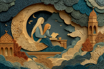 Mother reading a book to daughter in a paper-cut illustration of Ramadan  