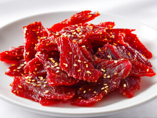 Dried beef slices sprinkled with sesame seeds on a white plate
