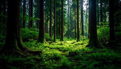 Fototapeta premium Lush forest floor bathed in sunlight (1)