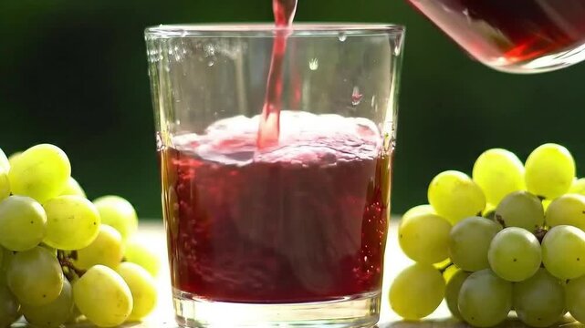 A fresh glass of healthy purple grapes juice with two bunches of green grapes 4k fotage