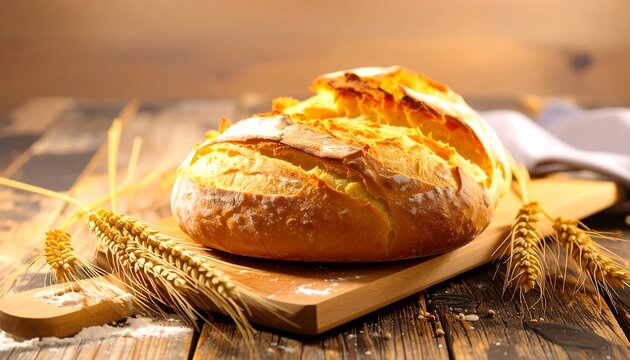 Golden loaf of bread on rustic wooden board, with wheat stalks - Powered by Adobe