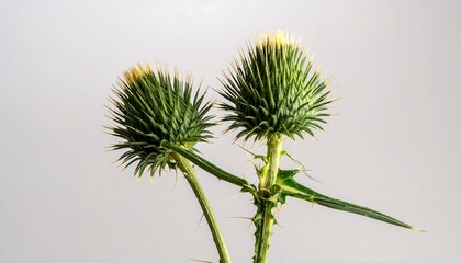 Obraz premium Two thistle heads against a plain background