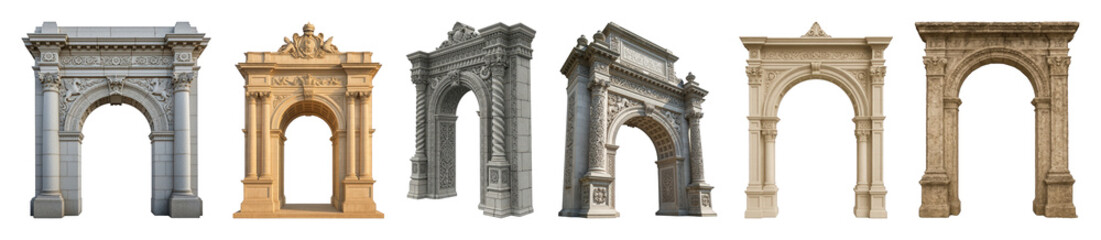 Architectural arch set including classical, ornate, stone, and ancient styles isolated. Design resource collection.
