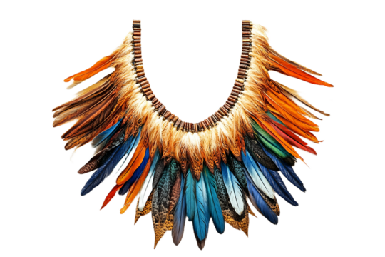 Vibrant multicolor feathered collar tribal fashion style, isolated on transparent background