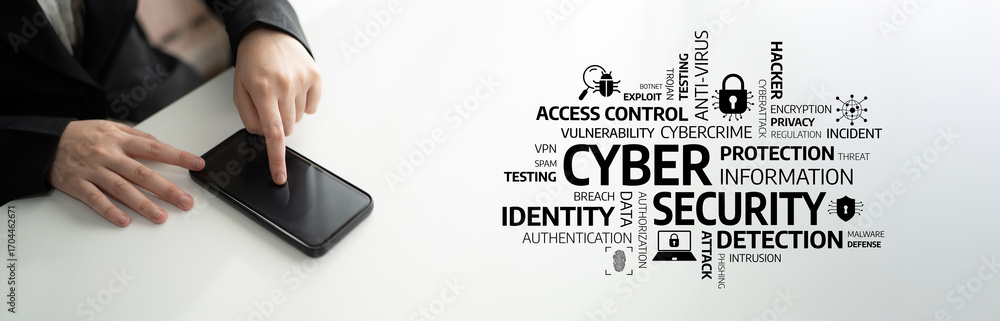 Poster a corporate professional interacts with a mobile device, emphasizing cybersecurity concepts. this im