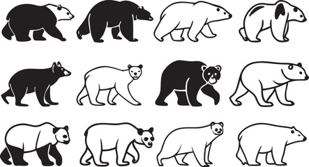 Diverse bear silhouettes walking and standing panda polar bear