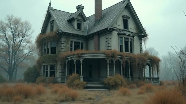 CGI Abandoned mansion with overgrown vegetation in a desolate landscape
