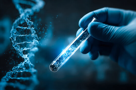 Laboratory scientist holds a test tube with glowing particles against a digital dna strand background