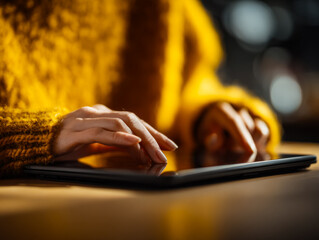 Person in a cozy yellow sweater interacting with a digital tablet on a wooden table in a softly lit environment focused on hands and touchscreen device use